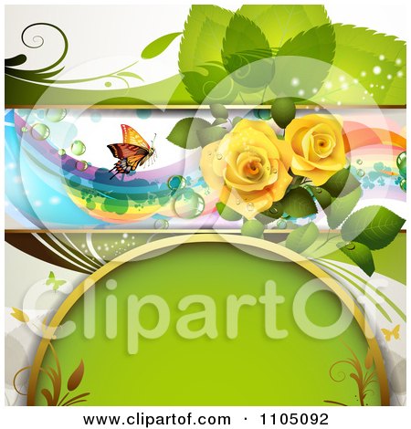 Clipart Green Leaf Background A Butterfly Rainbow Roses And Copyspace - Royalty Free Vector Illustration by merlinul