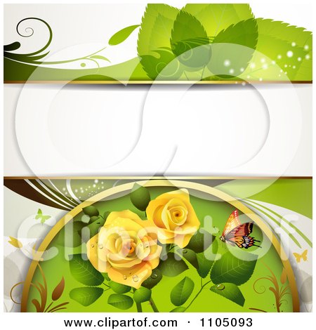 Clipart Green Leaf Background With A Butterfly And Roses - Royalty Free Vector Illustration by merlinul