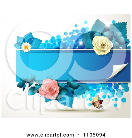 Clipart Orange Butterfly With Roses And A Blue Frame With Dots - Royalty Free Vector Illustration by merlinul