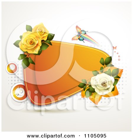 Clipart Orange Triangle Frame With Roses And A Colorful Butterfly On Dots - Royalty Free Vector Illustration by merlinul