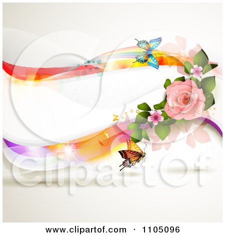 Clipart Colorful Waves Butterflies And A Pink Rose - Royalty Free Vector Illustration by merlinul