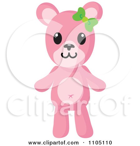 Clipart Happy Pink Teddy Bear With A Green Bow - Royalty Free Vector Illustration by Rosie Piter