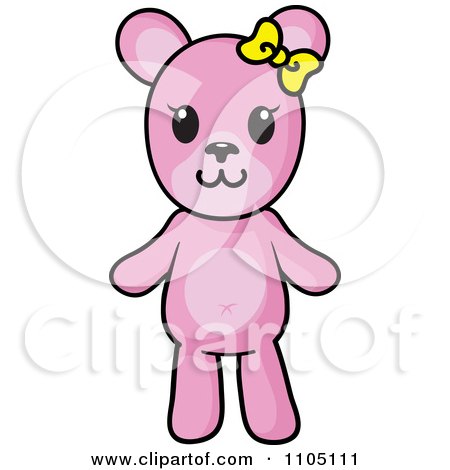 Clipart Happy Pink Teddy Bear With A Yellow Bow - Royalty Free Vector Illustration by Rosie Piter