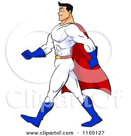 Clipart Strong Super Hero Man Walking In Profile - Royalty Free Vector Illustration by Cartoon Solutions