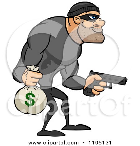 Clipart Buff Bank Robber Carrying A Money Bag And Pistol - Royalty Free Vector Illustration by Cartoon Solutions