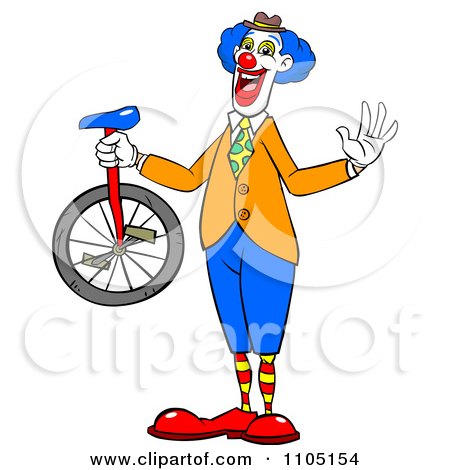 Clipart Happy Entertainer Clown Holding A Unicycle - Royalty Free Vector Illustration by Cartoon Solutions