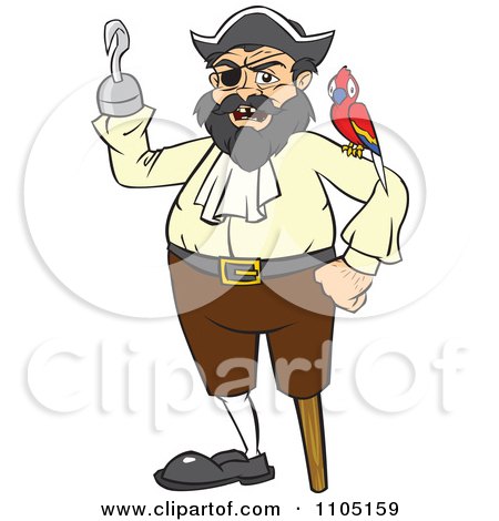 Clipart Chubby Male Pirate With A Parrot Peg Leg And Hook Hand - Royalty Free Vector Illustration by Cartoon Solutions