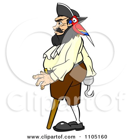 Clipart Chubby Male Pirate Walking With A Parrot Peg Leg And Hook Hand - Royalty Free Vector Illustration by Cartoon Solutions