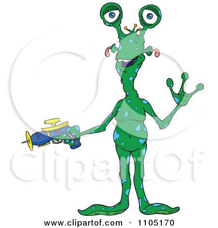 Clipart Green Alien With Blue Spots Waving And Holding A Ray Gun - Royalty Free Vector Illustration by Cartoon Solutions