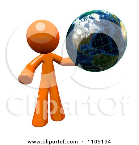 Clipart 3d Orange Man With A Grid Globe - Royalty Free CGI Illustration by Leo Blanchette