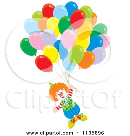 Clipart Happy Clown Floating With Balloons - Royalty Free Vector Illustration by Alex Bannykh