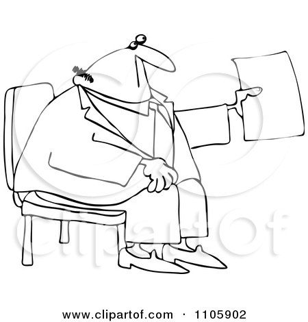 Clipart Outlined Businessman Sitting And Holding Up A Piece Of Paper - Royalty Free Vector Illustration by djart