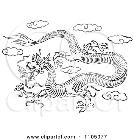 Clipart Chinese Dragon Flying In The Sky Black And White - Royalty Free Vector Illustration by Vector Tradition SM
