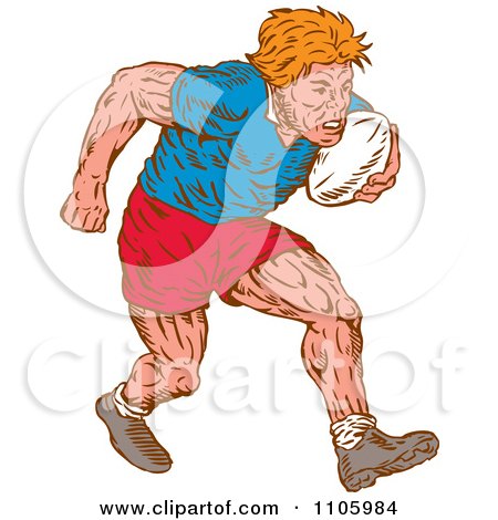 Clipart Woodcut Styled Rugby Player Running With The Ball - Royalty Free Vector Illustration by patrimonio