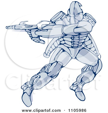 Clipart Mecha Warrior Robot Jumping And Shooting A Gun - Royalty Free Vector Illustration by patrimonio