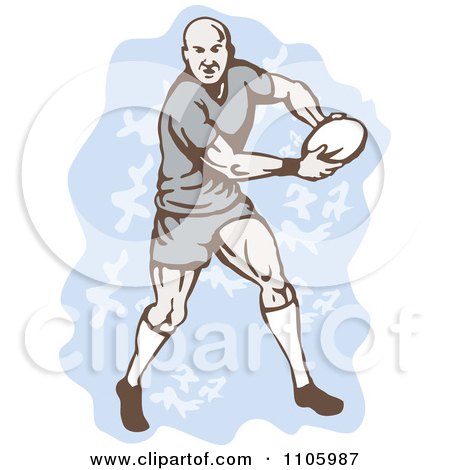 Clipart Rugby Player Running With The Ball Over Blue - Royalty Free Vector Illustration by patrimonio