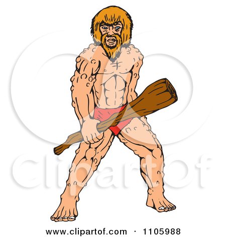 Clipart Buff Caveman Standing And Holding A Wood Club - Royalty Free Vector Illustration by patrimonio