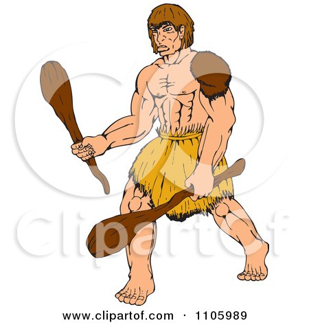 Clipart Buff Caveman Holding Two Wood Clubs - Royalty Free Vector Illustration by patrimonio
