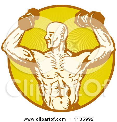 Clipart Male Bodybuilder Using Dumbbells In A Yellow Ray Circle - Royalty Free Vector Illustration by patrimonio