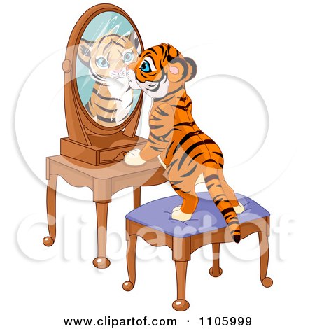 Clipart Cute Tiger Cub Standing On A Stool And Looking Curiously In His Reflectin In A Mirror - Royalty Free Vector Illustration by Pushkin