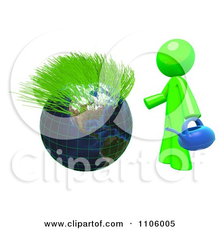 Clipart 3d Lime Green Man With A Watering Can And Sprouting Globe - Royalty Free CGI Illustration by Leo Blanchette