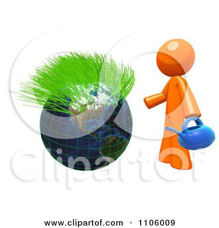 Clipart 3d Orange Man With A Watering Can And Sprouting Globe 1 - Royalty Free CGI Illustration by Leo Blanchette