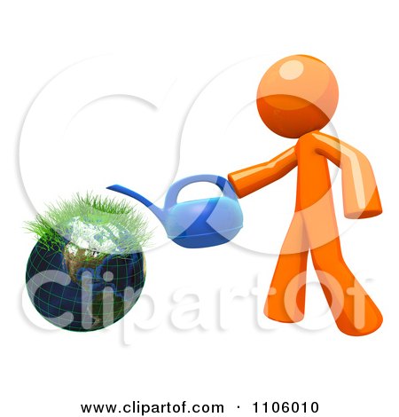 Clipart 3d Orange Man With A Watering Can And Sprouting Globe 3 - Royalty Free CGI Illustration by Leo Blanchette