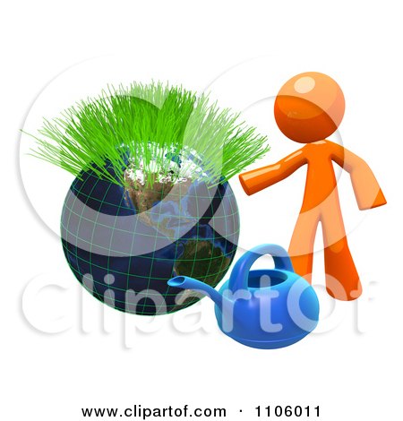 Clipart 3d Orange Man With A Watering Can And Sprouting Globe 2 - Royalty Free CGI Illustration by Leo Blanchette