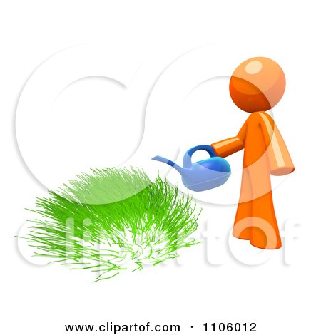 Clipart 3d Orange Man Watering Green Grass - Royalty Free CGI Illustration by Leo Blanchette