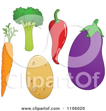 Clipart Whole Foods Carrot Broccoli Potato Chili Pepper And Eggplant Produce Vegetables - Royalty Free Vector Illustration by yayayoyo