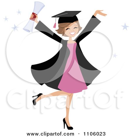 Clipart Happy College Graduate Woman Holding Her Arms Up And Her Degree - Royalty Free Vector Illustration by Monica
