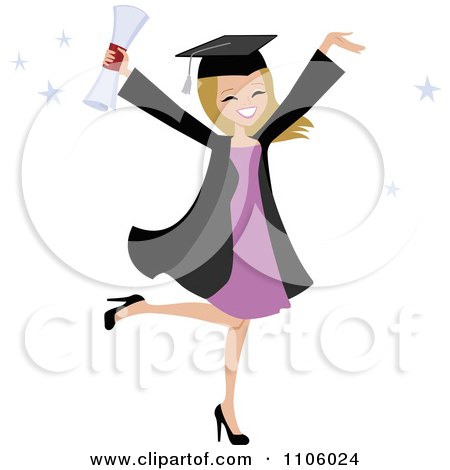 Clipart Happy Blond College Graduate Woman Holding Her Arms Up And Her Degree - Royalty Free Vector Illustration by Monica