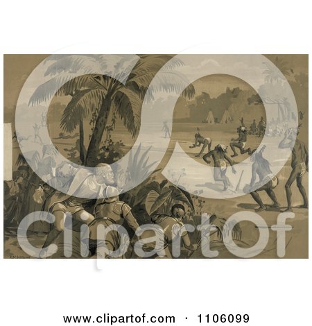 Christopher Columbus And His Crew Men Hiding Behind Bushes Under A Palm Tree And Watching Indigenous Native Men Playing What Appears To Be Baseball Upon The First Landing In The New World At San Salvador - Royalty Free Historical Stock Illustration by JVPD