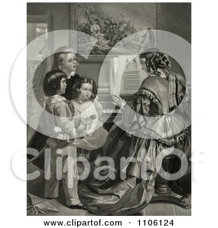 Three Children Singing the Star Spangled Banner With a Woman Who is Playing a Piano - Royalty Free Historical Stock Illustration by JVPD