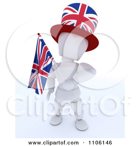 Clipart 3d Union Jack Jubilee British White Character With A Top Hat And Flag - Royalty Free Vector Illustration by KJ Pargeter
