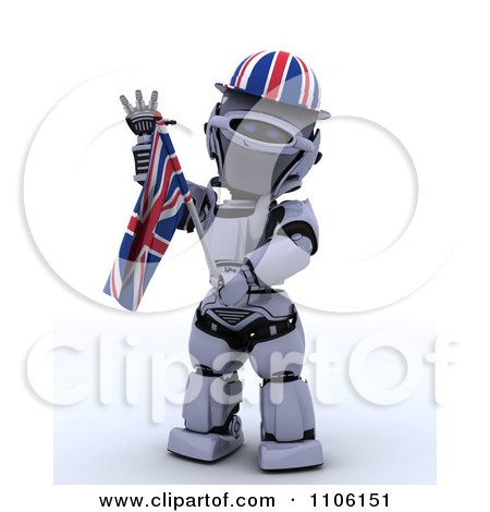 Clipart 3d Union Jack Jubilee Robot With A Hat And Flag - Royalty Free Vector Illustration by KJ Pargeter