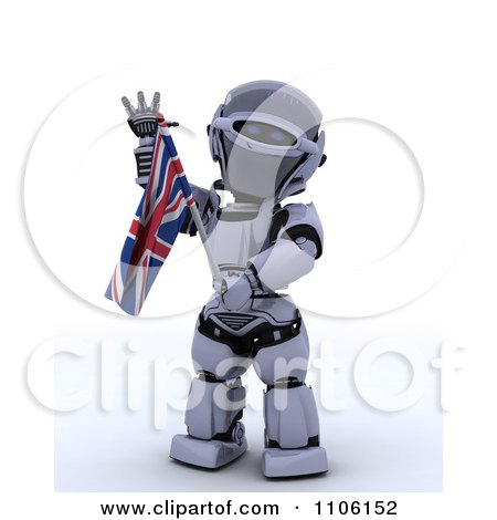 Clipart 3d Union Jack Jubilee Robot Waving And Holding A Flag - Royalty Free Vector Illustration by KJ Pargeter