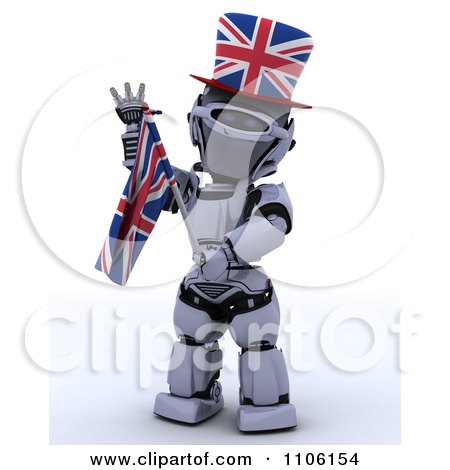 Clipart 3d Union Jack Jubilee Robot With A Top Hat And Flag - Royalty Free Vector Illustration by KJ Pargeter