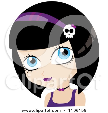 Clipart Cute Black Haired Girl Avatar With A Purple Skull Head Band - Royalty Free Vector Illustration by Rosie Piter