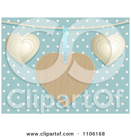Clipart Wood And Metal Hearts Over Polka Dots On Blue - Royalty Free Vector Illustration by elaineitalia