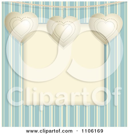 Clipart Suspended Hearts Over Copyspace On Blue Stripes - Royalty Free Vector Illustration by elaineitalia