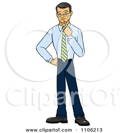Clipart Asian Business Man In Thought With Her Finger To Her Chin - Royalty Free Vector Illustration by Cartoon Solutions