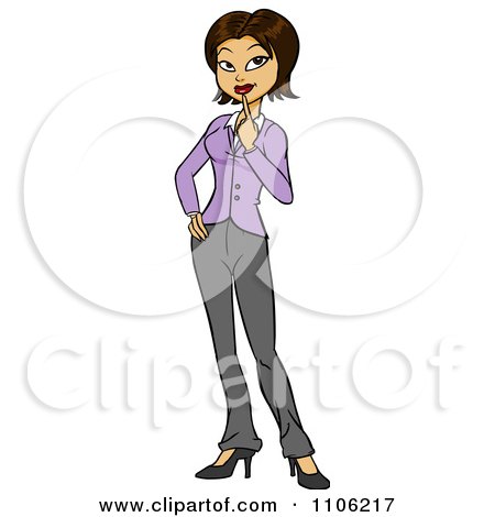 Clipart Hispanic Business Woman In Thought With Her Finger To Her Chin - Royalty Free Vector Illustration by Cartoon Solutions