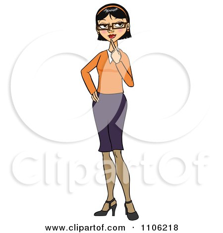 Clipart Black Haired Business Woman In Thought With Her Finger To Her Chin - Royalty Free Vector Illustration by Cartoon Solutions