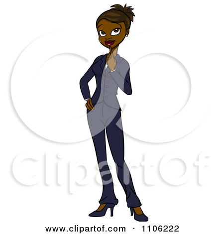 Clipart Black Business Woman In Thought With Her Finger To Her Chin - Royalty Free Vector Illustration by Cartoon Solutions