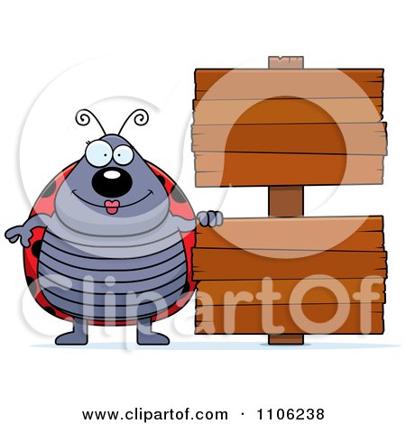 Clipart Happy Ladybug Beside Double Wooden Signs - Royalty Free Vector Illustration by Cory Thoman