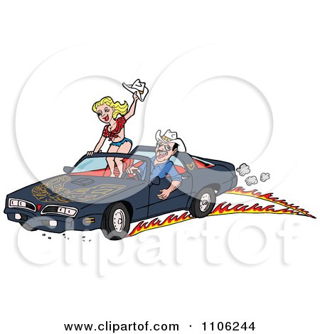 Clipart Man Peeling Out In A 1978 Trans Am Convertible With A Woman Standing Up On The Seat - Royalty Free Vector Illustration by LaffToon