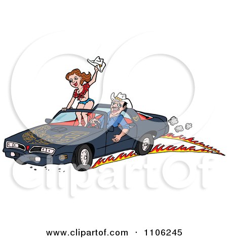 Clipart Man Peeling Out In A 1978 Trans Am Convertible With His Lady Standing Up On The Seat - Royalty Free Vector Illustration by LaffToon
