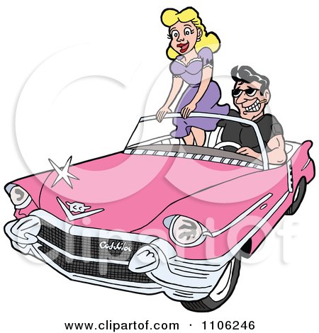 Clipart Handsome Man Driving A Pink Cadillac Convertible With His Lady Standing Up On The Seat - Royalty Free Vector Illustration by LaffToon