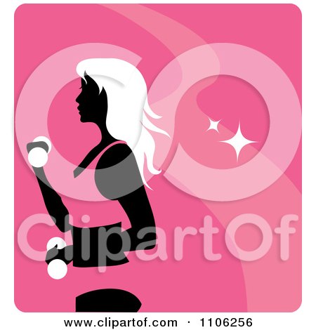 Clipart Pink Fitness Avatar With A Woman Working Out Doing Alternating Bicep Curls With Dumbbells - Royalty Free Vector Illustration by Rosie Piter
